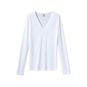 T-shirt femme col V en coton léger Blanc